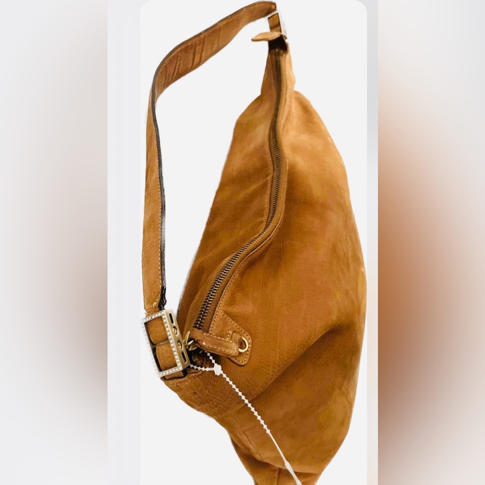 ST. JOHN Suede leather Hobo style crystal embellished single strap w/Riri zipper
